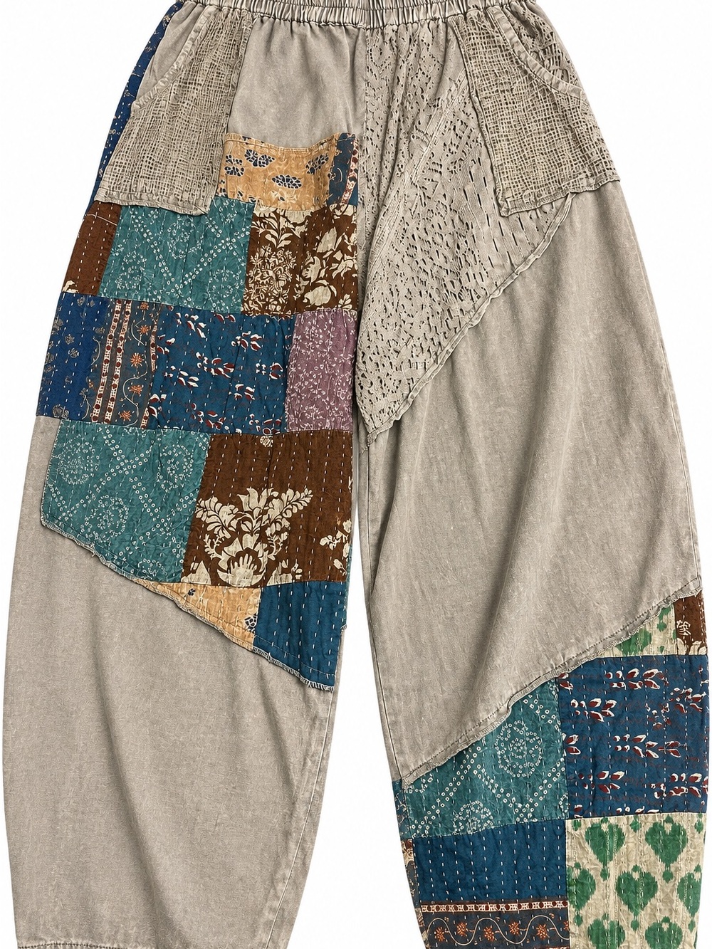 POL Patchwork Cargo Pants in Taupe with Multicolor Panels